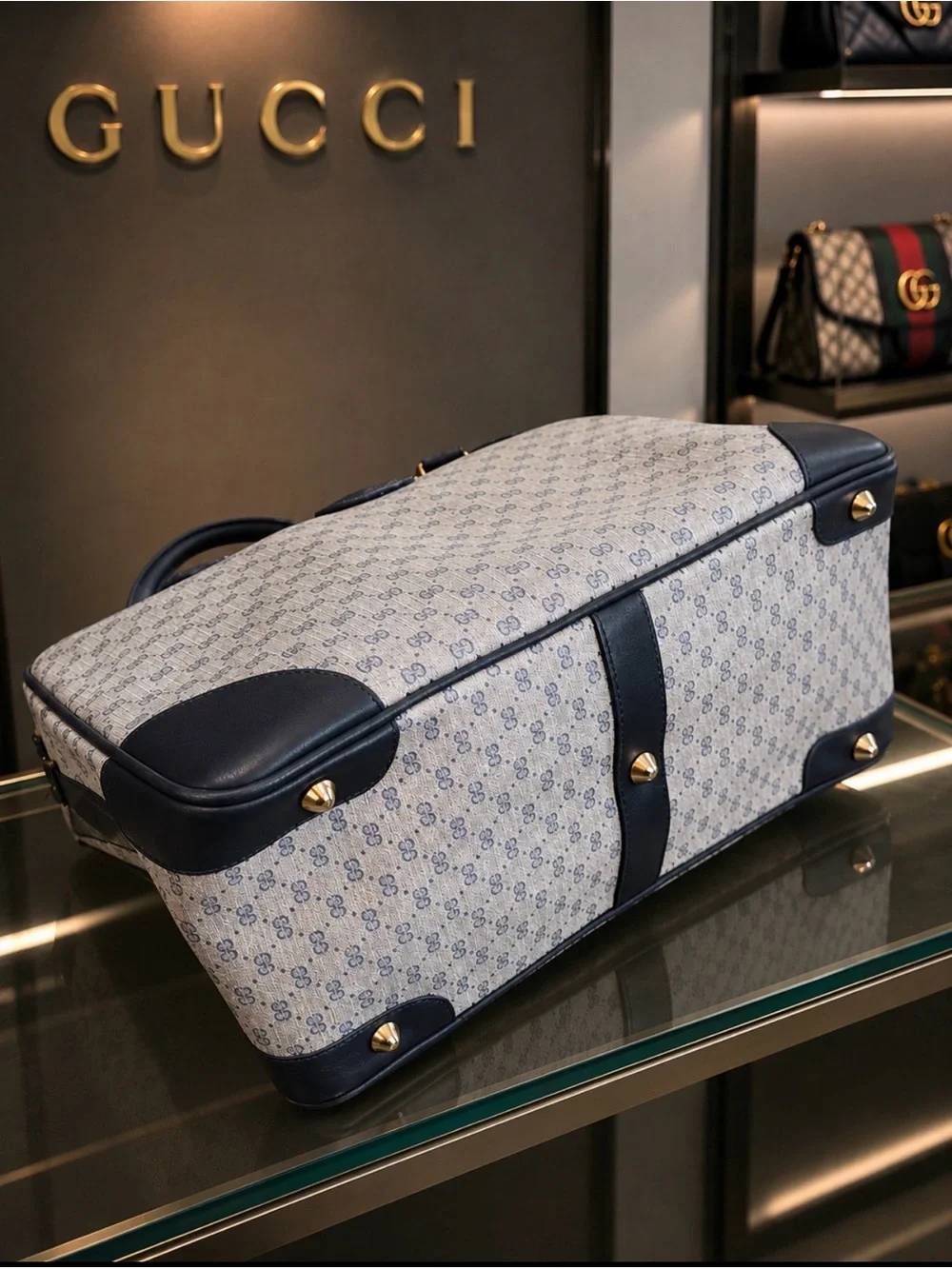 Authentic VintageGucci Gray Monogram Top-Handle Satchel with Navy Leather Trim.